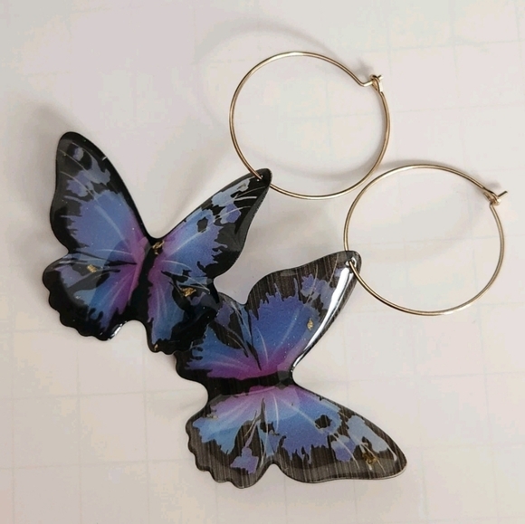 Bijou Brigitte Butterfly Dangle Drop Hoop Earrings Blue Purple Acrylic Gold Tone - Picture 9 of 11